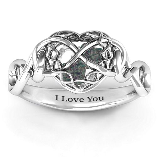 My Infinite Love Caged Hearts Ring – Sterling Silver with Alexandrite