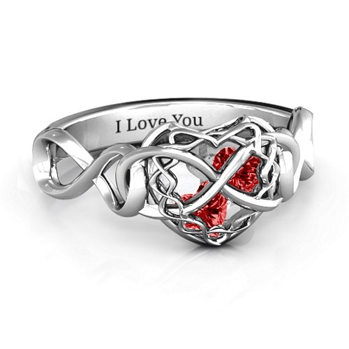 My Infinite Love Caged Hearts Ring – Sterling Silver with Garnet