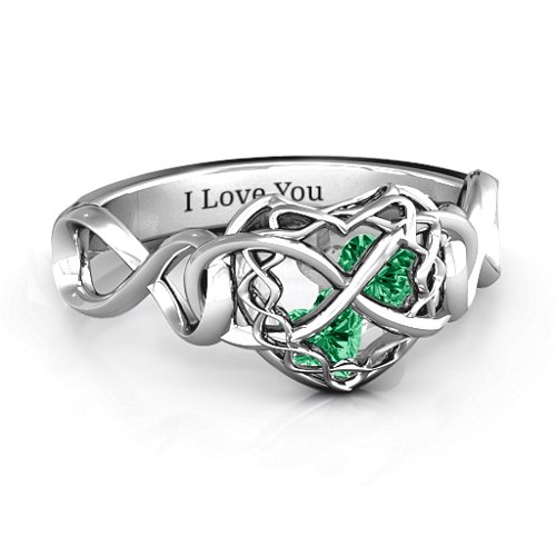 My Infinite Love Caged Hearts Ring – Sterling Silver with Emerald