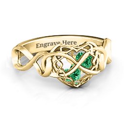 My Infinite Love Caged Hearts Ring in 10K Solid Yellow Gold with Emerald