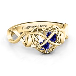 My Infinite Love Caged Hearts Ring in 10K Solid Yellow Gold with Blue Sapphire