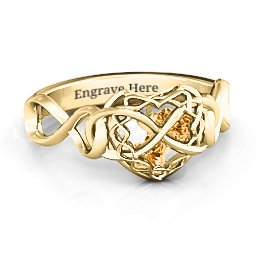 My Infinite Love Caged Hearts Ring in 10K Solid Yellow Gold with Citrine