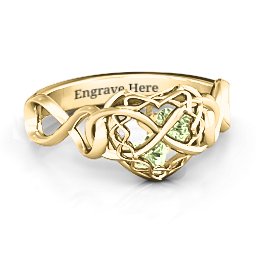 My Infinite Love Caged Hearts Ring in 10K Solid Yellow Gold with Peridot