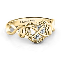 My Infinite Love Caged Hearts Ring in 10K Solid Yellow Gold with Diamond