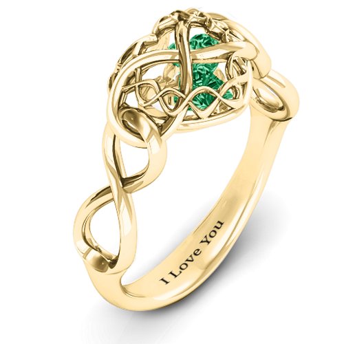 My Infinite Love Caged Hearts Ring – 10K Yellow Gold with Emerald