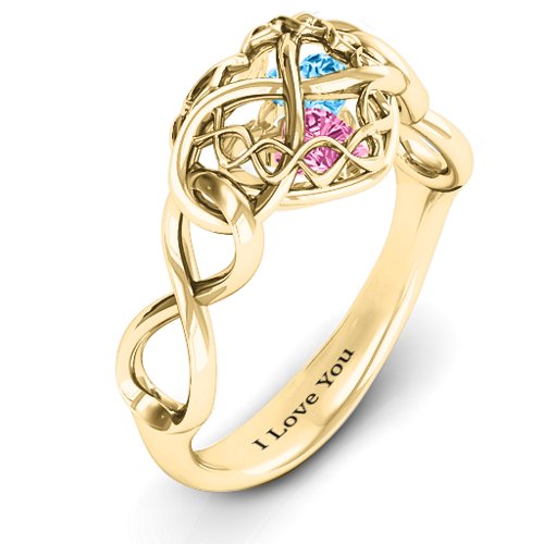 My Infinite Love Caged Hearts Ring – 10K Yellow Gold with Pink Tourmaline and Blue Topaz