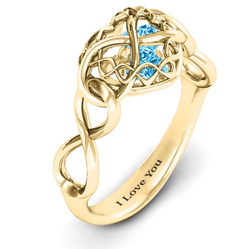 My Infinite Love Caged Hearts Ring – 10K Yellow Gold with Blue Topaz