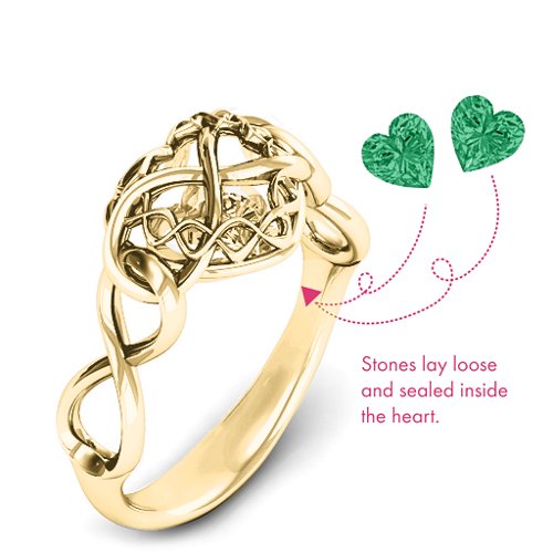 My Infinite Love Caged Hearts Ring – 10K Yellow Gold with Emerald
