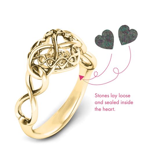 My Infinite Love Caged Hearts Ring – 10K Yellow Gold with Alexandrite