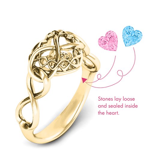 My Infinite Love Caged Hearts Ring – 10K Yellow Gold with Pink Tourmaline and Blue Topaz