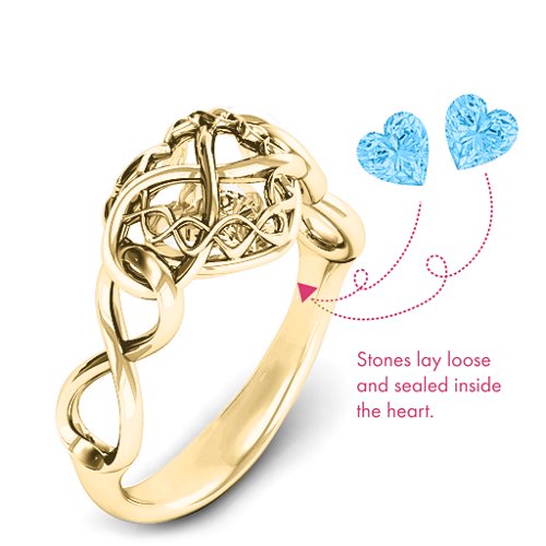 My Infinite Love Caged Hearts Ring – 10K Yellow Gold with Blue Topaz