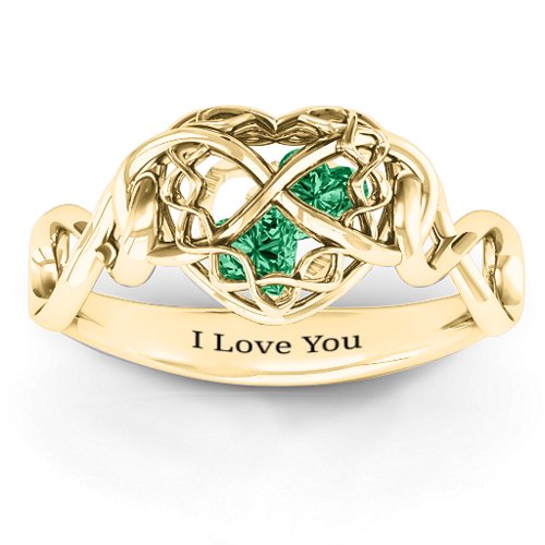 My Infinite Love Caged Hearts Ring – 10K Yellow Gold with Emerald