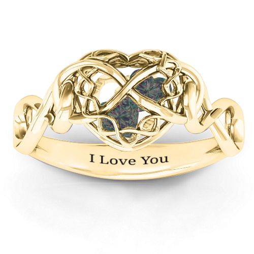My Infinite Love Caged Hearts Ring – 10K Yellow Gold with Alexandrite