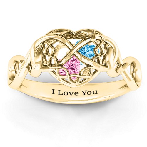My Infinite Love Caged Hearts Ring – 10K Yellow Gold with Pink Tourmaline and Blue Topaz