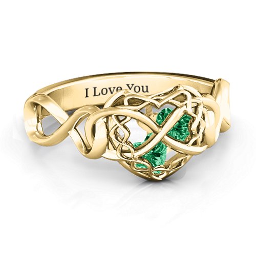My Infinite Love Caged Hearts Ring – 10K Yellow Gold with Emerald