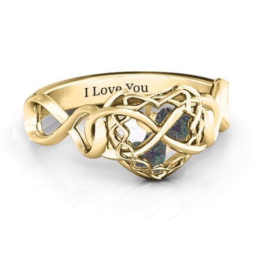 My Infinite Love Caged Hearts Ring – 10K Yellow Gold with Alexandrite