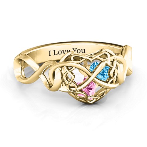 My Infinite Love Caged Hearts Ring – 10K Yellow Gold with Pink Tourmaline and Blue Topaz