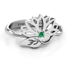Leaves and Lotus Wrap Ring in 925 Sterling Silver with Emerald