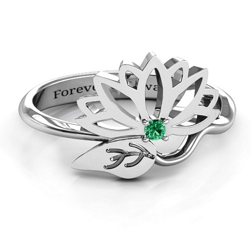 Leaves and Lotus Wrap Ring – Sterling Silver with Emerald