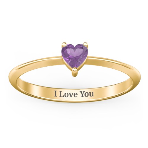 Solitaire Heart Gemstone Ring with Tapered Knife Edge Band – 18K Gold Plated Silver with Amethyst