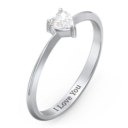 Solitaire Heart Gemstone Ring with Tapered Knife Edge Band – Sterling Silver with Cubic Zirconia