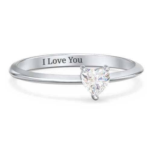 Solitaire Heart Gemstone Ring with Tapered Knife Edge Band – Sterling Silver with Cubic Zirconia