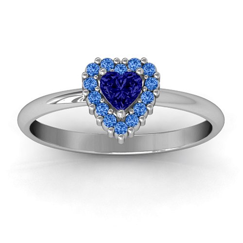 Heart with Halo Promise Ring – Sterling Silver with Blue Sapphire and Fancy Blue Premium Zirconia