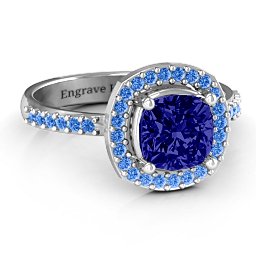Cushion Cut Statement Ring with Halo in 925 Sterling Silver with Blue Sapphire and Fancy Blue Premium Zirconia