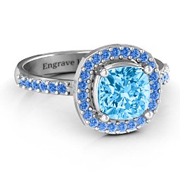 Cushion Cut Statement Ring with Halo in 925 Sterling Silver with Blue Topaz and Fancy Blue Premium Zirconia