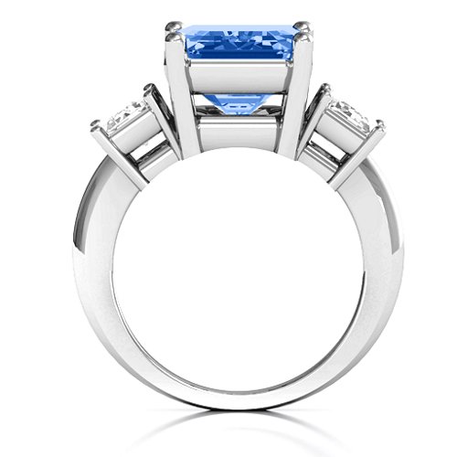 Emerald Cut Trinity Ring – Sterling Silver with Fancy Blue Premium Zirconia and White Premium Zirconia