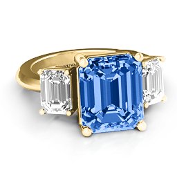 Emerald Cut Trinity Ring in 10K Solid Yellow Gold with Fancy Blue Premium Zirconia and White Premium Zirconia