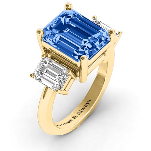 Emerald Cut Trinity Ring – 10K Yellow Gold with Fancy Blue Premium Zirconia and White Premium Zirconia