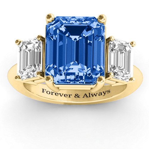 Emerald Cut Trinity Ring – 10K Yellow Gold with Fancy Blue Premium Zirconia and White Premium Zirconia