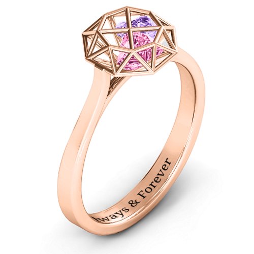 Diamond Cage Ring with Encased Heart Stones – 10K Rose Gold with Pink Tourmaline and Amethyst