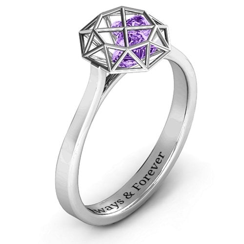 Diamond Cage Ring with Encased Heart Stones – Sterling Silver with Amethyst