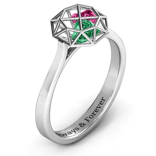 Diamond Cage Ring with Encased Heart Stones