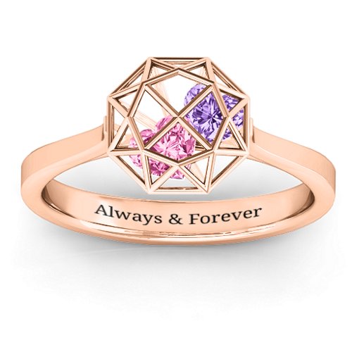 Diamond Cage Ring with Encased Heart Stones – 10K Rose Gold with Pink Tourmaline and Amethyst