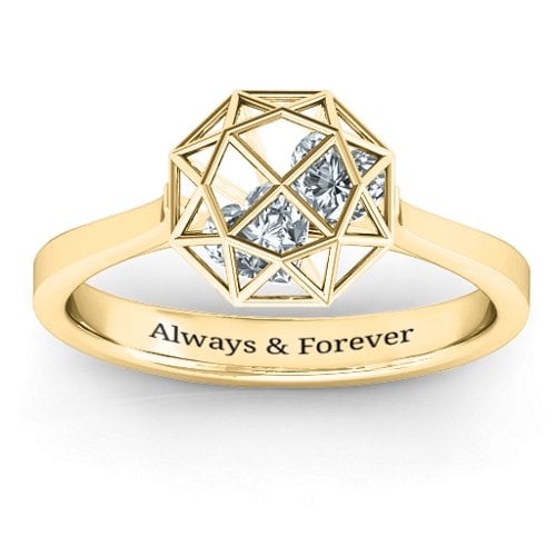 Diamond Cage Ring with Encased Heart Stones – 10K Yellow Gold with Diamond