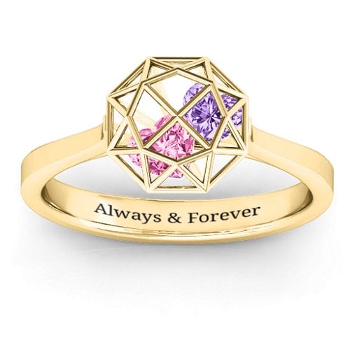 Diamond Cage Ring with Encased Heart Stones