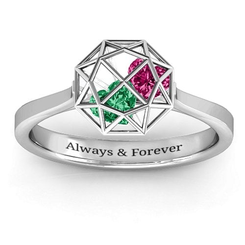 Diamond Cage Ring with Encased Heart Stones