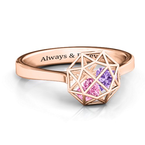 Diamond Cage Ring with Encased Heart Stones – 10K Rose Gold with Pink Tourmaline and Amethyst