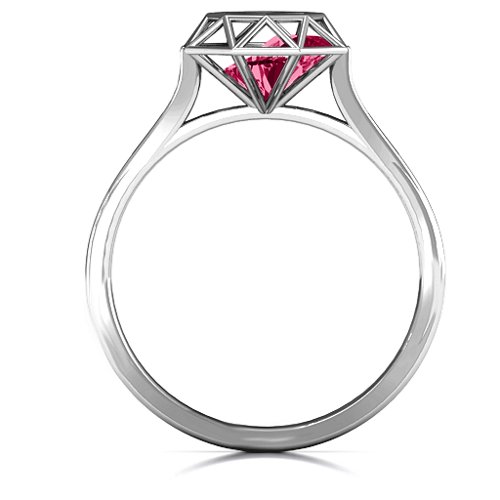 Diamond Cage Ring with Encased Heart Stones – Sterling Silver with Ruby
