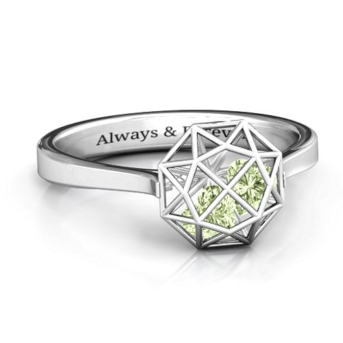 Diamond Cage Ring with Encased Heart Stones – Sterling Silver with Peridot