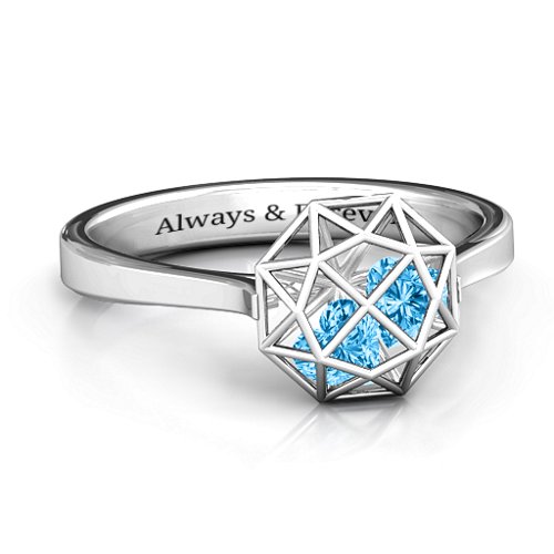 Diamond Cage Ring with Encased Heart Stones – Sterling Silver with Blue Topaz