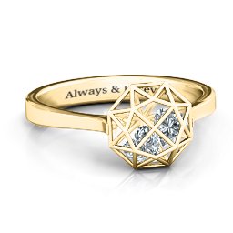 Diamond Cage Ring with Encased Heart Stones in 10K Solid Yellow Gold with Diamond, Ruby, and Amethyst