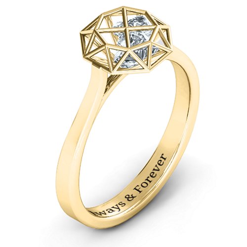 Diamond Cage Ring with Encased Heart Stones – 10K Yellow Gold with Diamond