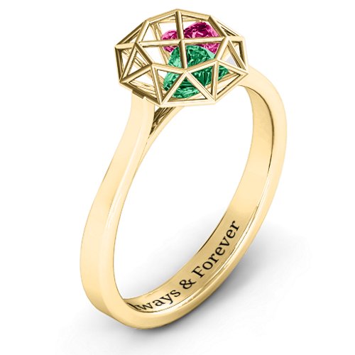 Diamond Cage Ring with Encased Heart Stones – 10K Yellow Gold with Emerald and Ruby
