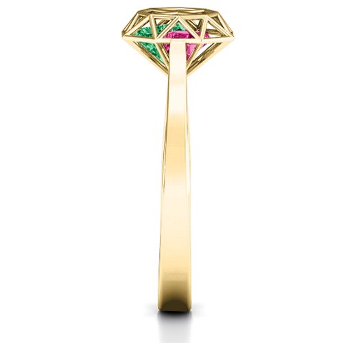 Diamond Cage Ring with Encased Heart Stones – 10K Yellow Gold with Emerald and Ruby