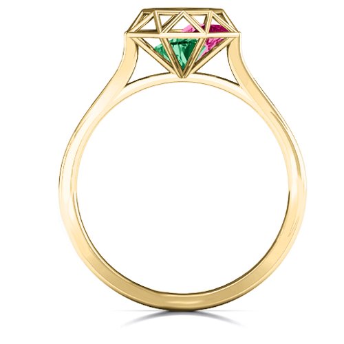 Diamond Cage Ring with Encased Heart Stones – 10K Yellow Gold with Emerald and Ruby