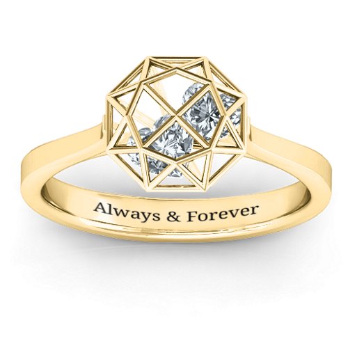 Diamond Cage Ring with Encased Heart Stones – 10K Yellow Gold with Diamond